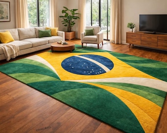 May include: A large rectangular rug with a design resembling the Brazilian flag. The rug features a blue circle with a white stripe, set against a yellow background, and surrounded by green and white curved stripes. The rug is placed in a living room.
