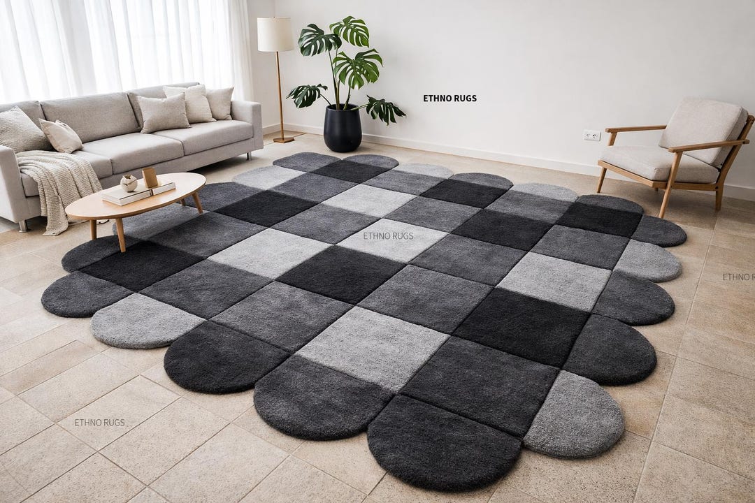 Faded Checkerboard Rug Modern Grey Checkerboard Area Rug, Plush Cloud Edge Designer Carpet for ...