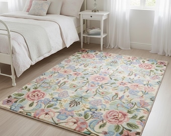 Vintage Floral Area Rug – Pastel Rose, Cottagecore Decor