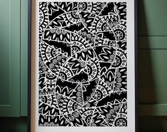 Black & White Abstract Print Mosaic Pattern Wall Art Poster Modern Home Decor Apartment Room Gifts Housewarming New Home Minimalist