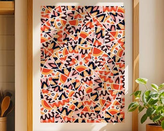 Wall art print colorful pattern coral pink orange wall hangings decor living dining room bathroom bedroom cozy apartment decoration artwork