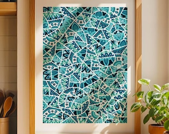 Art print turquoise blue color modern apartment wall decor abstract mosaic pattern kitchen entrance office wall decoration maximalist