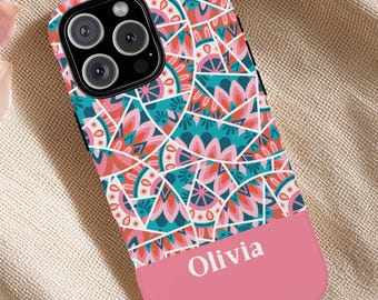 Personalized cellphone case with name initials, retro abstract pink blue floral pattern, custom smartphone cover iPhone Air Magsafe Galaxy