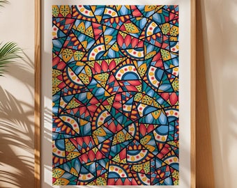 Red blue black art poster illustration mosaic artwork colorful abstract pattern mandala wall art for men home decor office vertical print