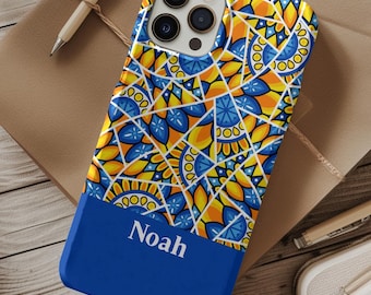 Custom phone case with name or initials, bright blue yellow abstract pattern, personalized smartphone cover iPhone Air Pro MagSafe Galaxy