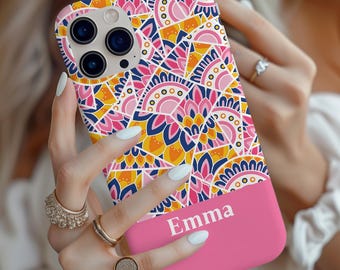 Personalized tough phone case, abstract yellow pink maximalist pattern, custom name iPhone 17 Air Magsafe Samsung Galaxy S25 phone cover