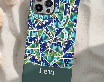 Personalized smartphone case with name or initials, peacock green abstract pattern, custom cover iPhone Air Pro Max mini MagSafe Galaxy