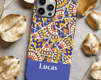 Custom phone case with name or initials, retro blue yellow mosaic pattern, iPhone Air Pro Max Magsafe Galaxy smartphone cover