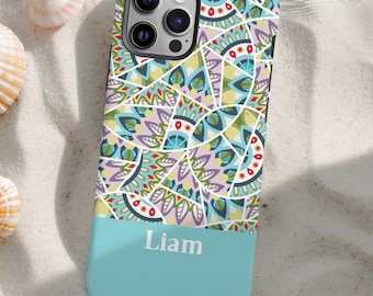 Personalized phone cover with name or initials, light green abstract wavy pattern, custom smartphone case iPhone Air Max Magsafe Galaxy S25