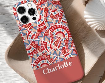 Personalized retro red tough phone cover, abstract wavy pattern, custom case with name initials, iPhone Air Pro Max mini Magsafe Galaxy S25
