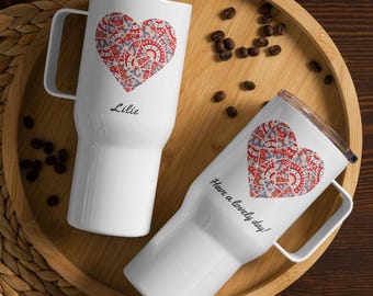 Personalized tumbler with custom name and text message, 25oz thermos stainless steel mug with handle and plastic lid, abstract big red heart