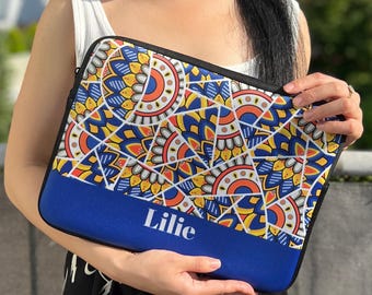 Personalized laptop sleeve, retro abstract yellow and blue mosaic pattern, custom name or initials tech accessory