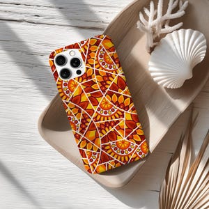 Mandala inspired vivid red orange tough iPhone case 16 15 14 13 12 11 Pro Max phone cover gift for him abstract matte smartphone case vivid
