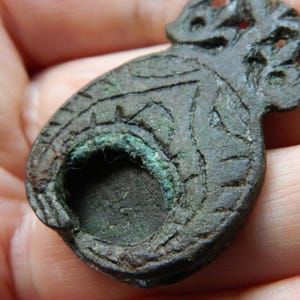 Medieval bronze Lunar / Lunate strap end metal detecting / detector find an authentic early medieval historical gift / present