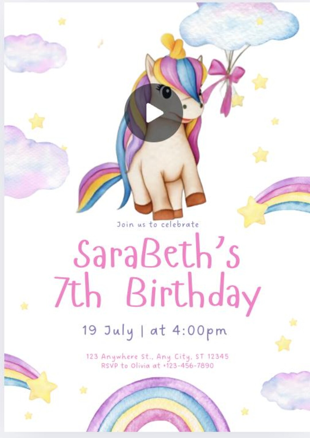 Editable Animated Unicorn Birthday Invitation for Girls – Canva Digital ...