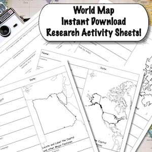 May include: A stack of white research activity sheets with world maps and fill-in-the-blank sections. The sheets include outlines of countries and prompts for information. Text on the sheets reads "World Map Instant Download Research Activity Sheets!"