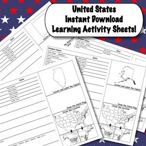 以下が含まれることがあります： 「United States Instant Download Learning Activity Sheets!」のテキストが入った白い学習アクティビティシートの束。シートには地図、州の輪郭、学生情報用の記入欄が含まれています。