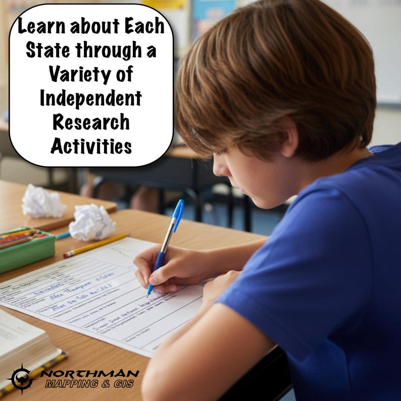 May include: A student in a blue shirt writes on a worksheet at a desk. The worksheet has lines and text. The image includes the text "Learn about Each State through a Variety of Independent Research Activities."