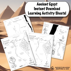 May include: A collection of black and white Ancient Egypt learning activity sheets. The sheets feature maps of the Nile River, the Mediterranean Sea, and various regions of Egypt. The text "Ancient Egypt Instant Download Learning Activity Sheets!" is displayed at the top.