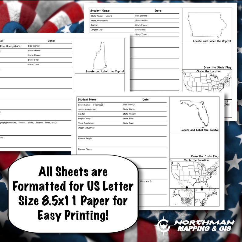 May include: White worksheets with state outlines and fill-in-the-blank sections for student information. The worksheets are formatted for US Letter size 8.5x11 paper for easy printing. The background features an American flag.