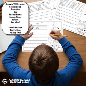May include: A student in a blue shirt is working on a worksheet with a pencil. The worksheet includes topics like population, size, and climate. The text on the worksheet says "Students Will Research Several Topics: Population, Size, Historic Events, Famous Places, Climate And More! Clearly Written Instructions No Prep Time!"