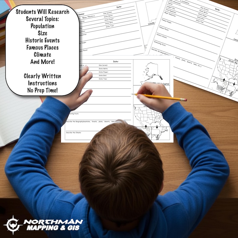 May include: A student in a blue shirt is working on a worksheet with a pencil. The worksheet includes topics like population, size, and climate. The text on the worksheet says "Students Will Research Several Topics: Population, Size, Historic Events, Famous Places, Climate And More! Clearly Written Instructions No Prep Time!"