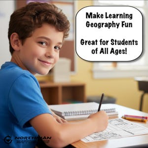 May include: A young student in a blue shirt smiles while working on a geography assignment at a desk. The image includes the text "Make Learning Geography Fun" and "Great for Students of All Ages!" along with the Northman Mapping GIS logo.