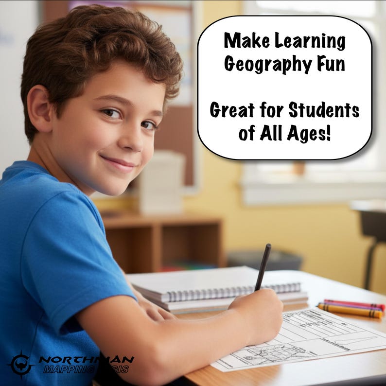 May include: A young student in a blue shirt smiles while working on a geography assignment at a desk. The image includes the text "Make Learning Geography Fun" and "Great for Students of All Ages!" along with the Northman Mapping GIS logo.