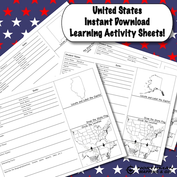USA Printable Map Activity Sheets | Homeschool Learning Worksheets | 50 States Student Research Sheets | Instant Download