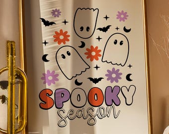 Lindo arte de pared de fantasmas de Halloween / Impresión de temporada espeluznante / Póster de otoño kawaii para habitación infantil y guardería / Regalo de truco o trato