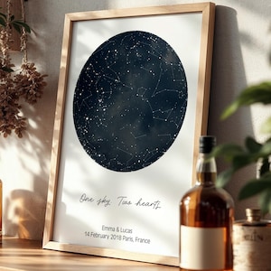 Op de afbeelding: Een ingelijste sterrenkaartprint met de tekst "One sky, Two hearts" en de namen Emma & Lucas, gedateerd 14 februari 2018, Parijs, Frankrijk. De print staat op een houten oppervlak met flessen en planten.