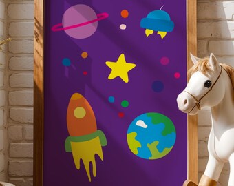 Colorful Kids Space Wall Art Print – Rocket, Planets - Stars – Nursery & Playroom Decor – Fun Educational Gift