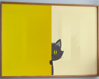 ミニマリストな猫のウォールアート - 黒猫のポスター、モダンな動物プリント、スカンジナビア風のインテリア、猫好きへの面白いギフト、リビングルームアート