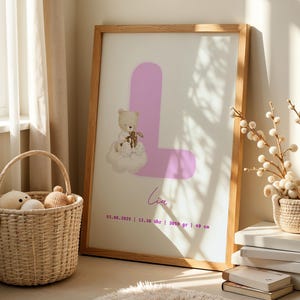 Póster personalizado de nacimiento de niña: arte mural para habitación infantil con nombre, fecha y estadísticas. Impresión de recuerdo de osito rosa para recién nacida.