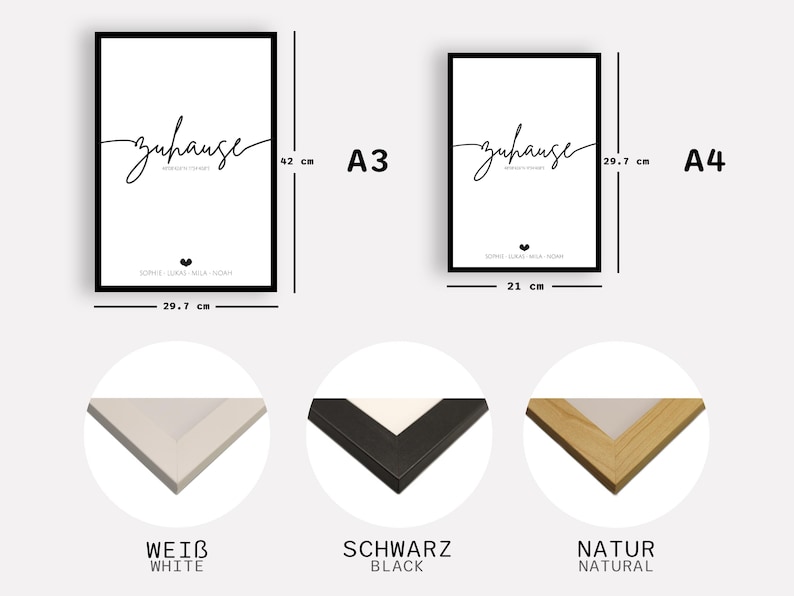 May include: Two framed art prints, A3 size at 29.7 cm x 42 cm and A4 size at 21 cm x 29.7 cm, with the word "zuhause" in script. Below the word is a list of names and a heart symbol. The frames are available in white, black, and natural wood.