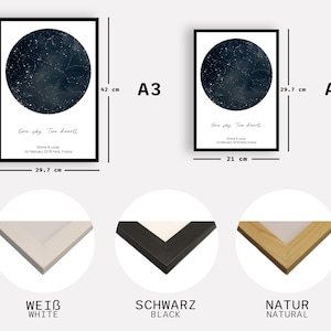 Peut inclure: Impressions d'art encadr&eacute;es avec une carte c&eacute;leste bleu fonc&eacute; circulaire. Disponibles en formats A3 (42 cm x 29.7 cm) et A4 (29.7 cm x 21 cm). Texte : "One sky. Two hearts." et une date. Cadres : blanc, noir et bois naturel.