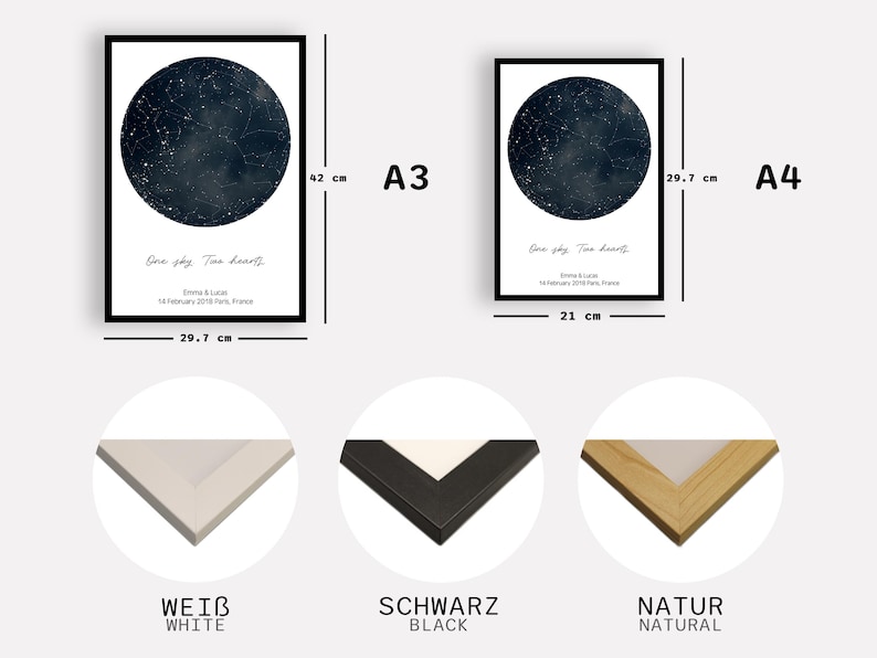 Peut inclure: Impressions d'art encadr&eacute;es avec une carte c&eacute;leste bleu fonc&eacute; circulaire. Disponibles en formats A3 (42 cm x 29.7 cm) et A4 (29.7 cm x 21 cm). Texte : "One sky. Two hearts." et une date. Cadres : blanc, noir et bois naturel.