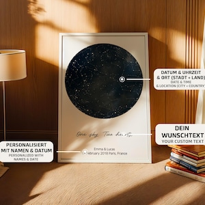 Peut inclure: Une affiche encadr&eacute;e repr&eacute;sentant une carte c&eacute;leste bleu fonc&eacute; avec des &eacute;toiles blanches. L'affiche comprend le texte "One sky. Two hearts." et des d&eacute;tails personnalis&eacute;s : noms, date et lieu. Le texte "YOUR CUSTOM TEXT" est &eacute;galement visible.
