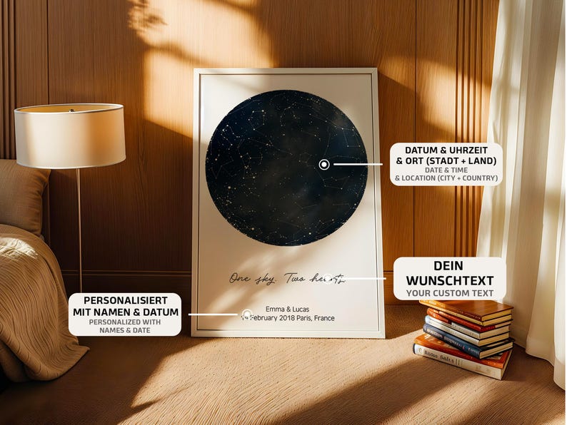 Peut inclure: Une affiche encadr&eacute;e repr&eacute;sentant une carte c&eacute;leste bleu fonc&eacute; avec des &eacute;toiles blanches. L'affiche comprend le texte "One sky. Two hearts." et des d&eacute;tails personnalis&eacute;s : noms, date et lieu. Le texte "YOUR CUSTOM TEXT" est &eacute;galement visible.