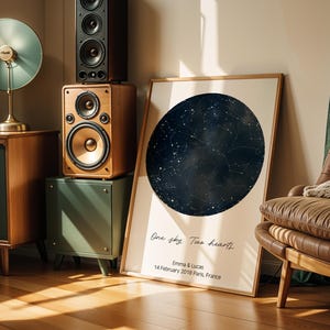Peut inclure: Une affiche encadr&eacute;e pr&eacute;sente une carte c&eacute;leste bleu fonc&eacute; avec des constellations. Le texte "One sky. Two hearts" et des noms sont visibles. Un meuble st&eacute;r&eacute;o et des haut-parleurs de style vintage sont en arri&egrave;re-plan, avec un fauteuil en cuir.