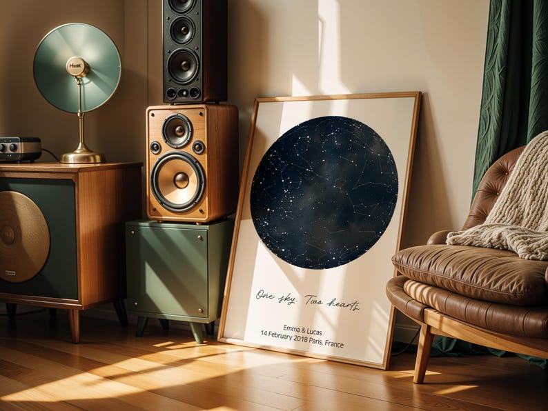 Peut inclure: Une affiche encadr&eacute;e pr&eacute;sente une carte c&eacute;leste bleu fonc&eacute; avec des constellations. Le texte "One sky. Two hearts" et des noms sont visibles. Un meuble st&eacute;r&eacute;o et des haut-parleurs de style vintage sont en arri&egrave;re-plan, avec un fauteuil en cuir.