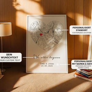 May include: A framed print featuring a heart-shaped map with a red heart marking a location. The print includes the text "Your Custom Text", "Where it all began", and personalized names and date. A stack of books sits below the print.
