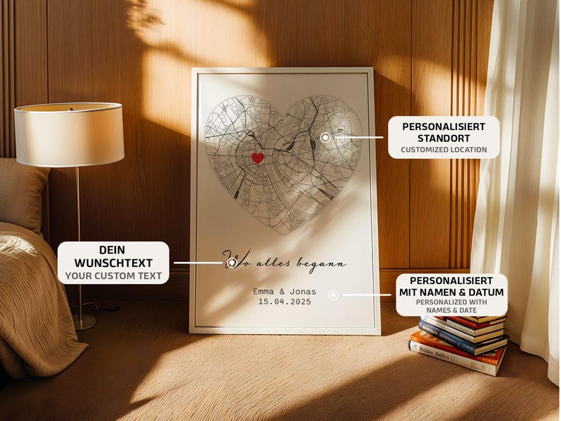 May include: A framed print featuring a heart-shaped map with a red heart marking a location. The print includes the text "Your Custom Text", "Where it all began", and personalized names and date. A stack of books sits below the print.