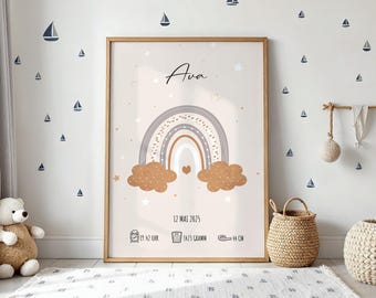 Personalized Baby Birth Poster: Rainbow Nursery Wall Art, Newborn Keepsake (PDF Available