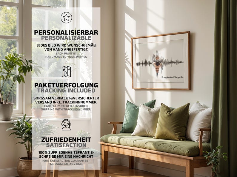 Puede incluir: Una impresi&oacute;n enmarcada con un dise&ntilde;o de onda de sonido cuelga sobre un banco de madera con cojines verdes y blancos. La impresi&oacute;n tiene el texto "The very heartbeat I love you". La imagen tambi&eacute;n incluye texto sobre personalizaci&oacute;n y satisfacci&oacute;n.