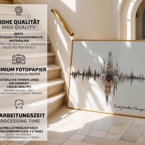 Puede incluir: Impresi&oacute;n enmarcada con marco dorado, que muestra una fotograf&iacute;a de una persona y un ni&ntilde;o, con un dise&ntilde;o de onda de sonido. El texto "In every heartbeat, I hear your love" es visible.