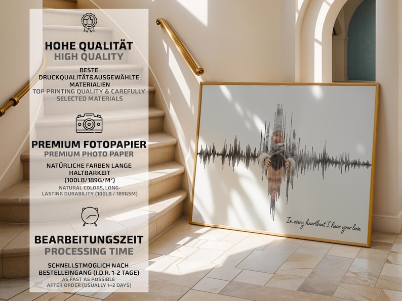 Puede incluir: Impresi&oacute;n enmarcada con marco dorado, que muestra una fotograf&iacute;a de una persona y un ni&ntilde;o, con un dise&ntilde;o de onda de sonido. El texto "In every heartbeat, I hear your love" es visible.
