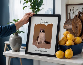 Lustiges cooles Katzen Porträt Poster - Lustiges personalisiertes Haustier Wandbild mit Name - Einzigartiges Geschenk für Katzenliebhaber & Haustier Gedenkdruck