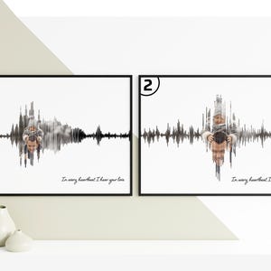 Puede incluir: Dos impresiones art&iacute;sticas enmarcadas con marcos negros. Cada impresi&oacute;n presenta un dise&ntilde;o de onda de sonido en blanco y negro con una superposici&oacute;n de fotos. El texto "In every heartbeat I hear your love" est&aacute; escrito debajo.
