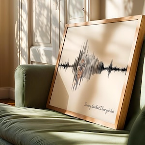 Puede incluir: Una obra de arte enmarcada con un marco de madera clara, que presenta un dise&ntilde;o de onda de sonido con una ilustraci&oacute;n de pareja. La obra de arte se muestra en un sof&aacute; verde. El texto en la parte inferior dice: "In every heartbeat I hear your love."